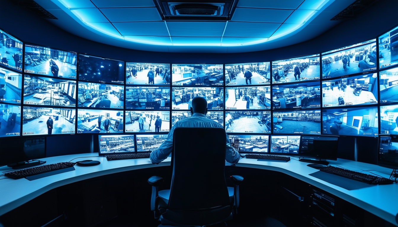 A high-tech control room with multiple screens dis