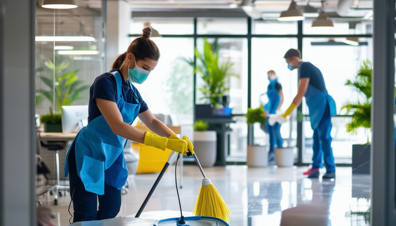 A professional cleaning crew meticulously sanitizi