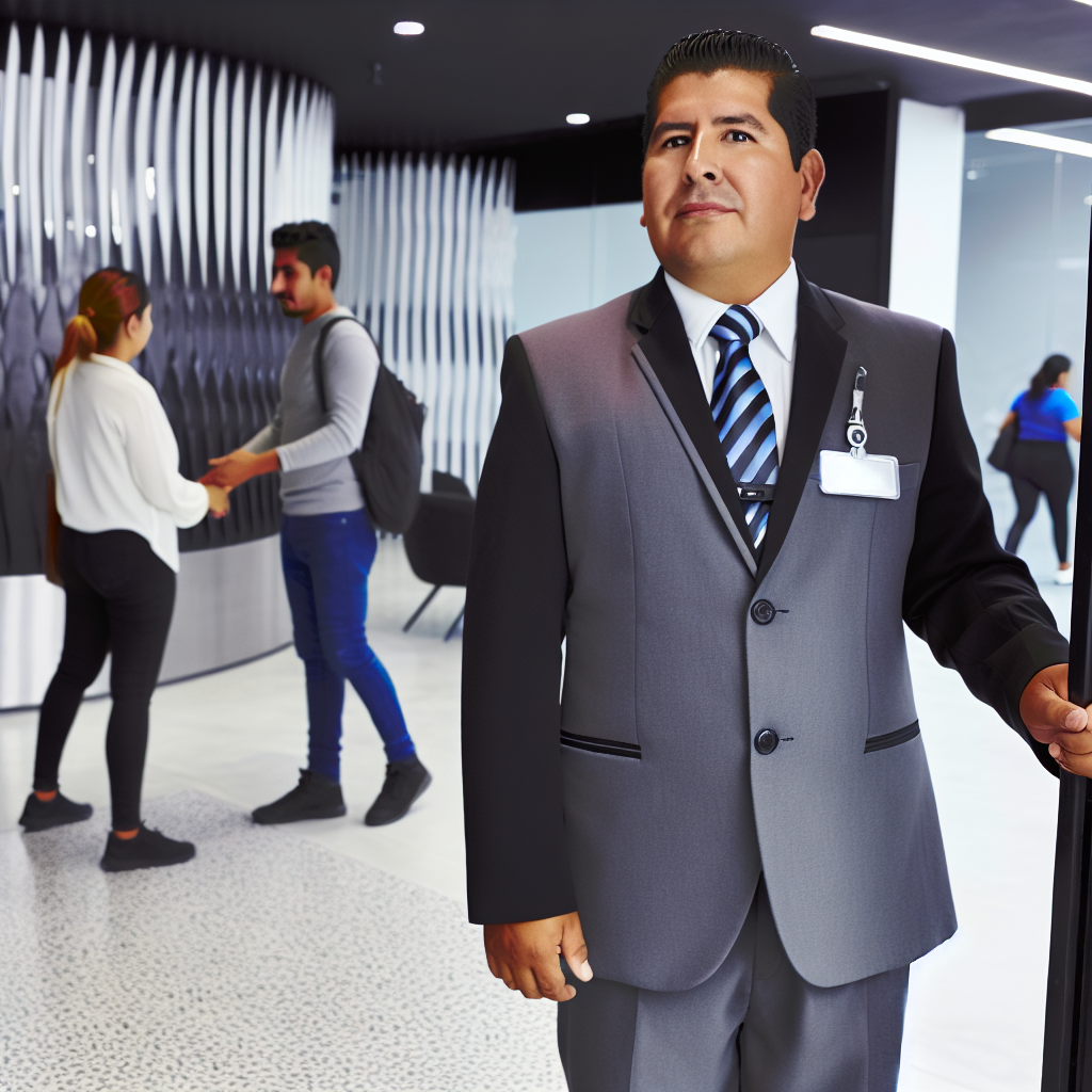 A professional security concierge stands at the en