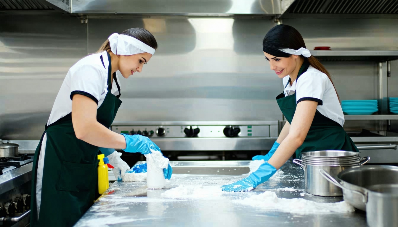 A team of professional cleaners meticulously scrub