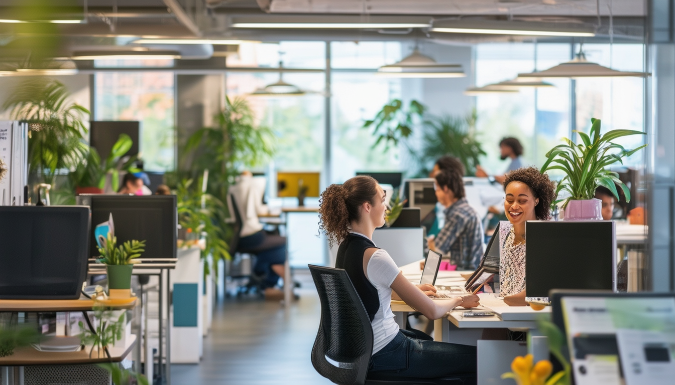 A vibrant, organized office space with employees h